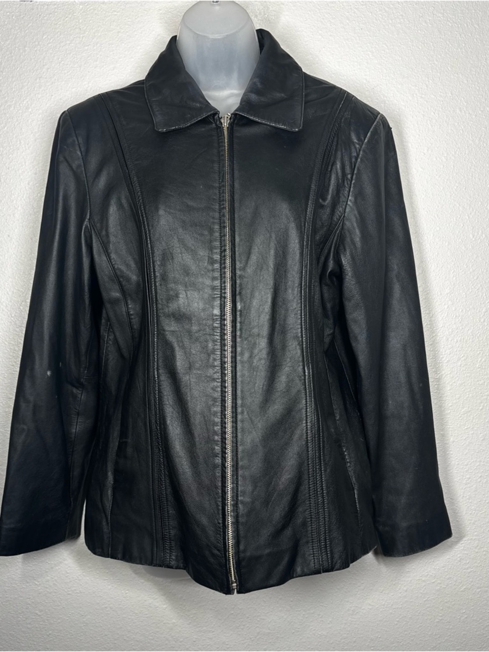 VINTAGE Jacqueline Ferrari Jacket Womens LG Black Genuine Leather Lambskin 90s